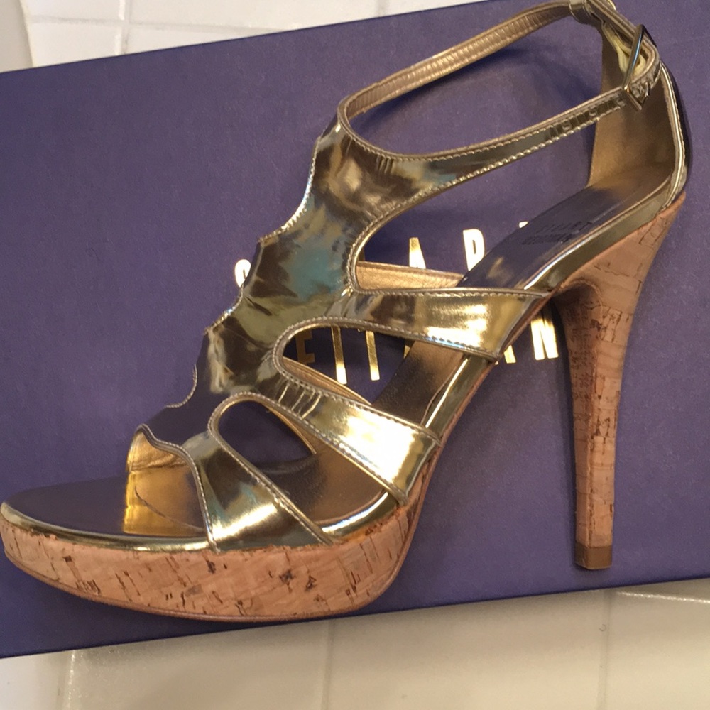 Stuart Weitzman gold patent leather ankle strappy cage platform cork hee…